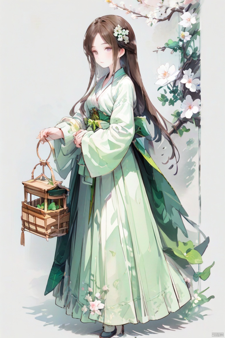 
1girl, solo, long hair, simple background, brown hair, hair ornament, long sleeves, full body, flower, hair flower, chinese clothes, white flower, bird, green dress, holding basket, hanfu, negative_hand