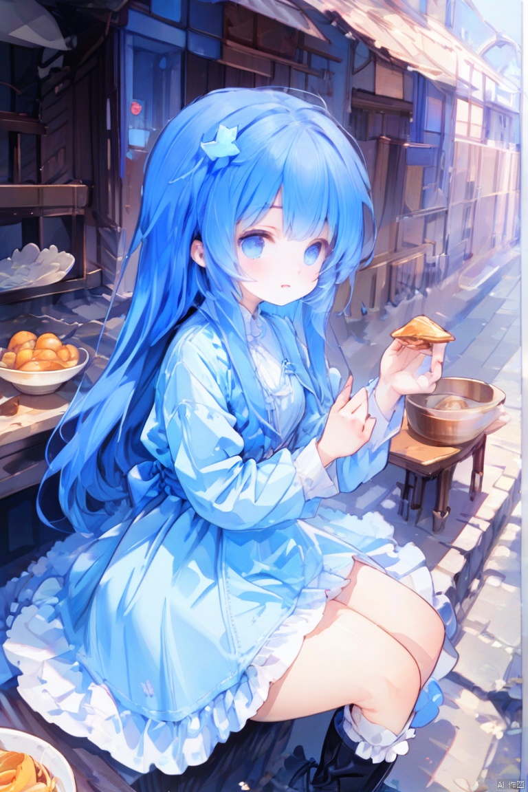 
1girl, solo, long hair, blue eyes, hair ornament, long sleeves, dress, sitting, very long hair, blue hair, boots, food, minigirl, blue theme,