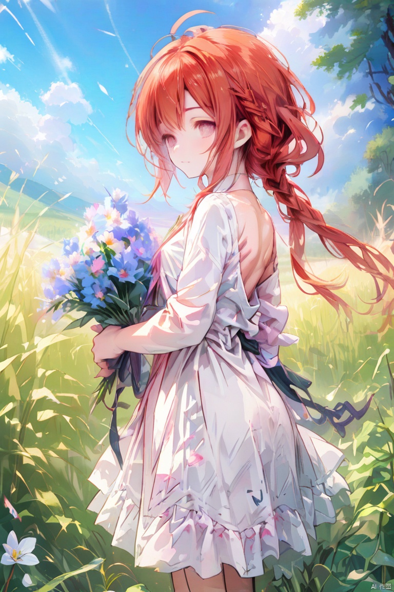 
upper body,Create an image of an anime girl with bright red hair,wearing a sundress and holding a bouquet of wildflowers,standing in a field of tall grass with a soft breeze blowing through. The scene should capture the whimsical and carefree style of Sakimichan,with a sense of peace and tranquility in the air.,