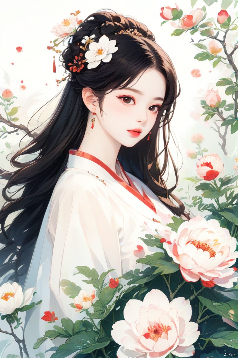 Chinese vector illustration, Masterpiece, 16k HD wallpaper, fine brush, a beauty, solo, long black hair (hairpin) , (float) , white dress (plain) , flower hair accessories, soft light, very high resolution, soft light, low saturation, light background of peony flower (low saturation)