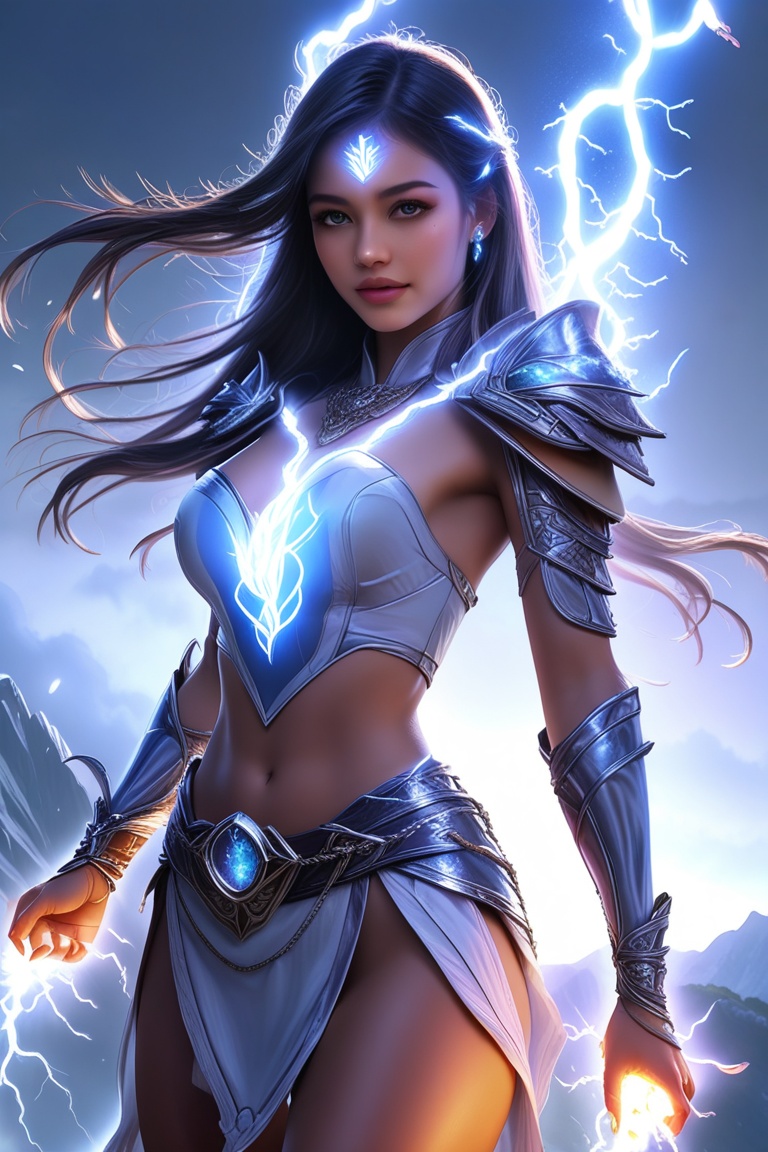 a beautiful girl stands on a hill top. She uses the magic ring and turns into the ultimate form of a beautiful lightning magic \(ek_ge1tng\) warrior \(detailed exquisite face\),looking at viewer,dynamic and sexy pose,lightning elemental effect,ek_game_3ffect,