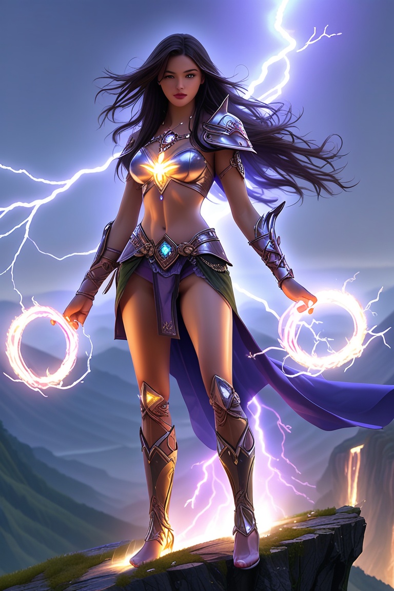 a beautiful girl stands on a hill top. She uses the magic ring and turns into the ultimate form of a beautiful lightning magic \(ek_ge1tng\) warrior \(detailed exquisite face\),looking at viewer,dynamic and sexy pose,lightning elemental effect,ek_game_3ffect,
