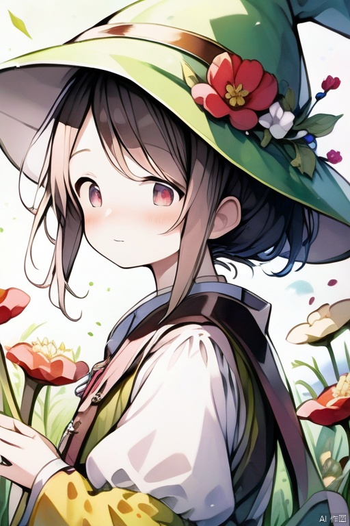 1 girl,Master piece, high quality, cute, happy, flowers, grass, fantasy, Wonderland