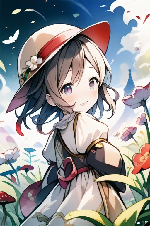 1 girl,Master piece, high quality, cute, happy, flowers, grass, fantasy, Wonderland