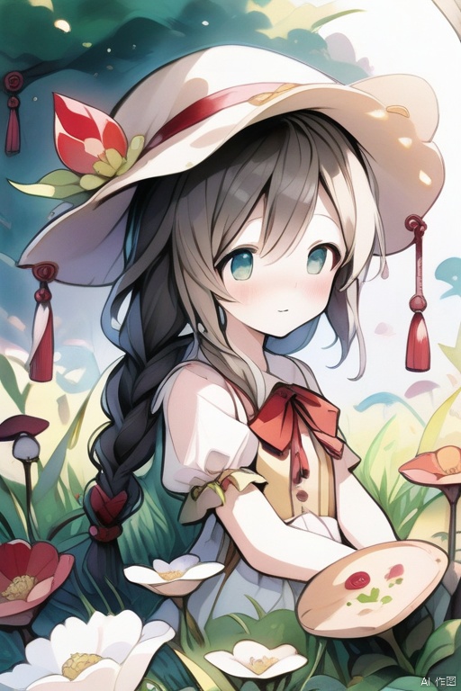 1 girl,Master piece, high quality, cute, happy, flowers, grass, fantasy, Wonderland