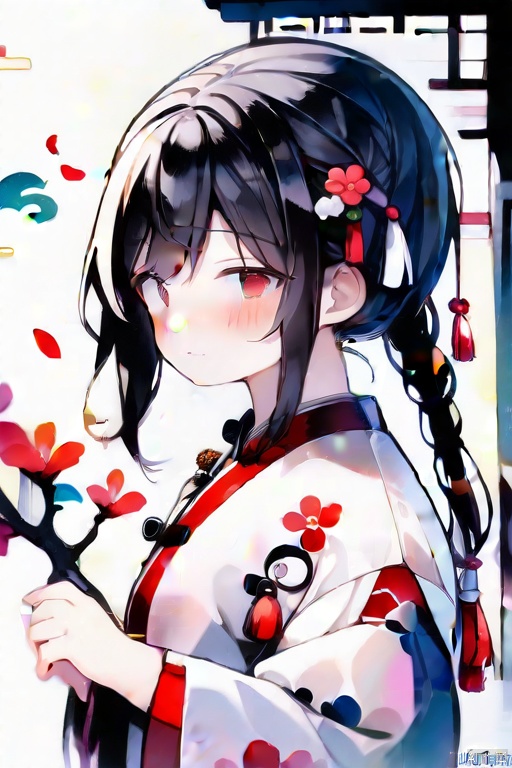 1girl, solo, long hair, looking at viewer, blush, bangs, black hair, hair ornament, long sleeves, holding, closed mouth, upper body, braid, flower, japanese clothes, hair flower, kimono, twitter username, looking to the side, floral print, white flower, red flower, tassel, white kimono, print kimono
