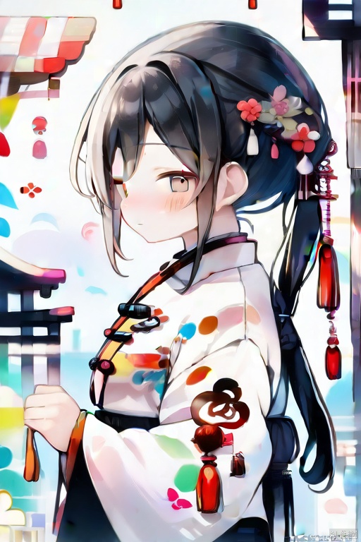 1girl, solo, long hair, looking at viewer, blush, bangs, black hair, hair ornament, long sleeves, holding, closed mouth, upper body, braid, flower, japanese clothes, hair flower, kimono, twitter username, looking to the side, floral print, white flower, red flower, tassel, white kimono, print kimono