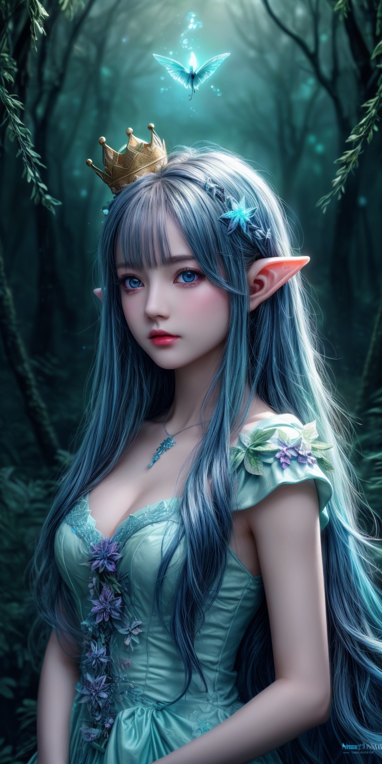 HDR,  Ultra detailed illustration of a elf with crown lost in ((a magical world full of wonders forest)),  unique luminous...