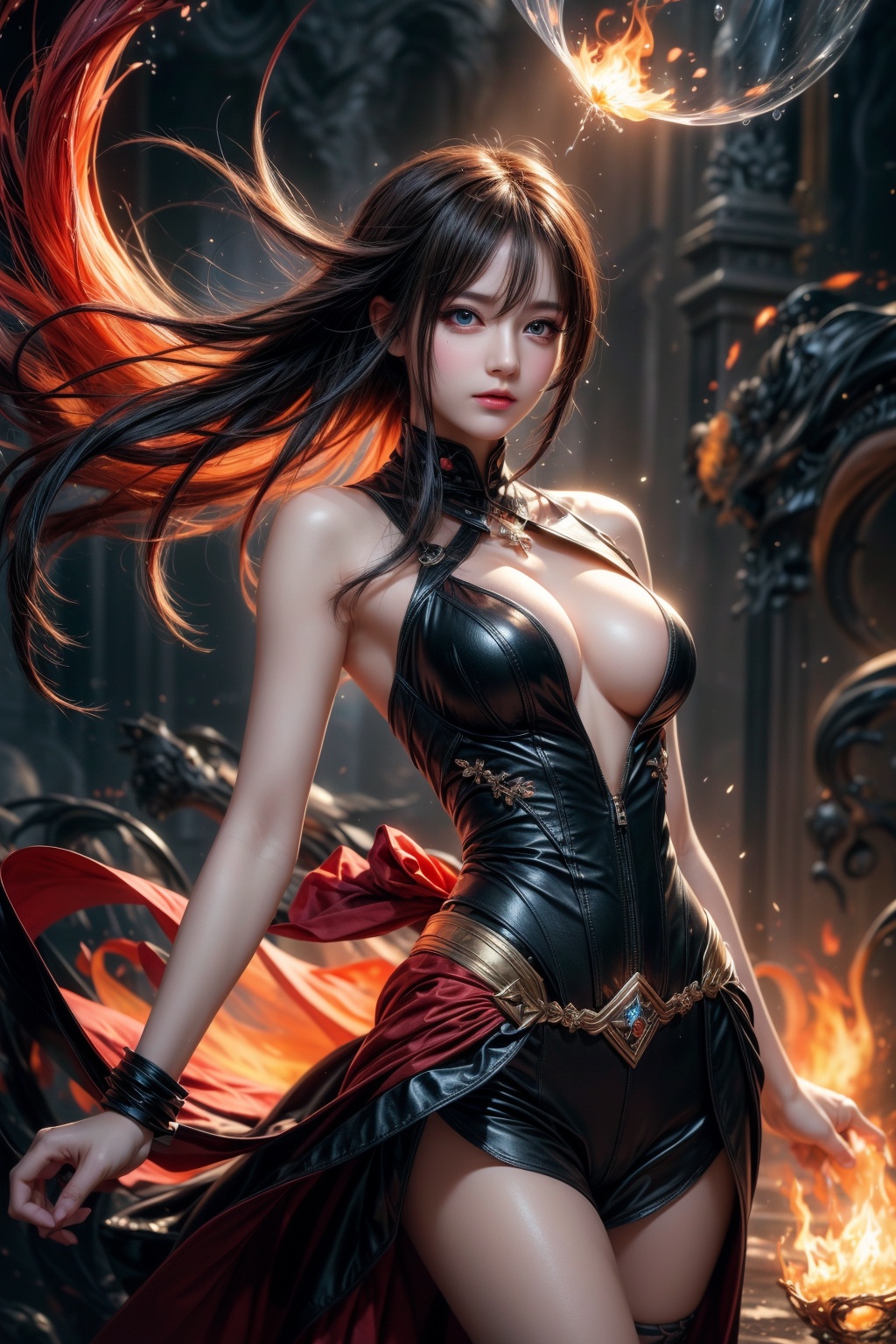 A majestic masterpiece of abstract,  fractal art. In a swirling vortex of colorful hair,  a single girl stands at the epic...