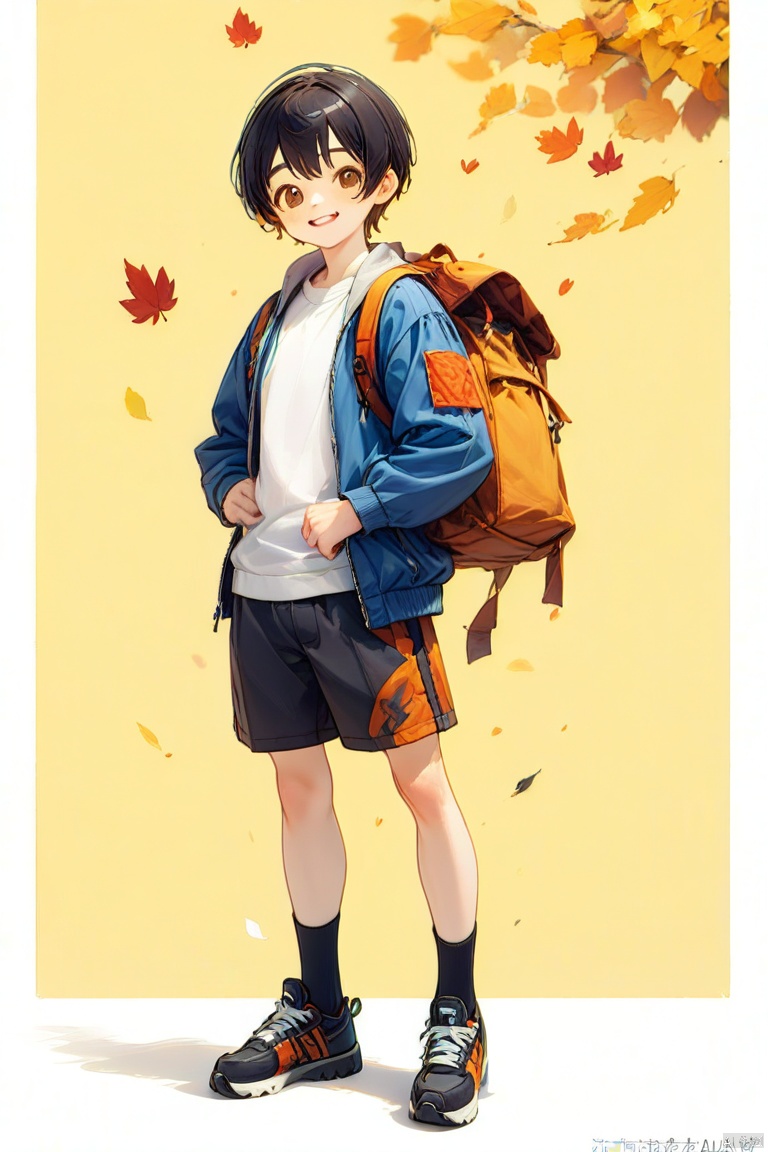 1boy, solo, looking at viewer, smile, short hair, bangs, shirt, black hair, long sleeves, brown eyes, standing, jacket, full body, white shirt, shoes, shorts, socks, bag, black footwear, leaf, watermark, black shorts, backpack, blue jacket, black socks, sneakers, hand in pocket, autumn leaves, ginkgo leaf