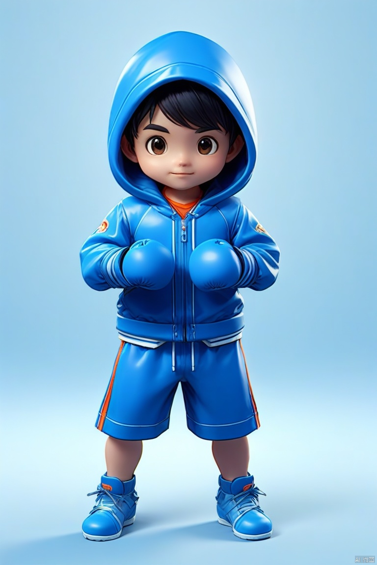 
A boxing boy in a blue sports suit, a blue hood, in the style of 8k 3d, detailed character design, clean background, solid color background, can see the whole content, no cutting, full body, add detail, Panorama, positive perspective,