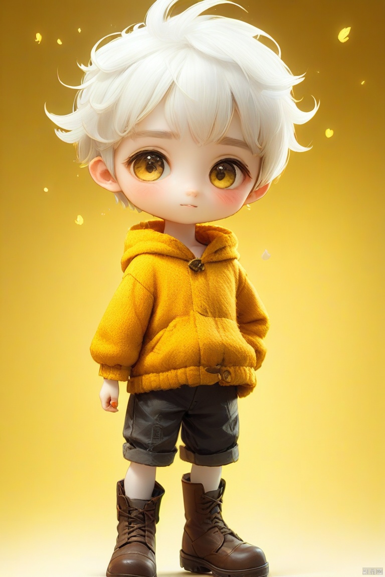 Felt effect, made of felt boy, solo, short hair, big eyes, white hair, boots, food, Mini, theme fantasy, atmosphere, mysterious yellow, HD, felt material, advanced filter
