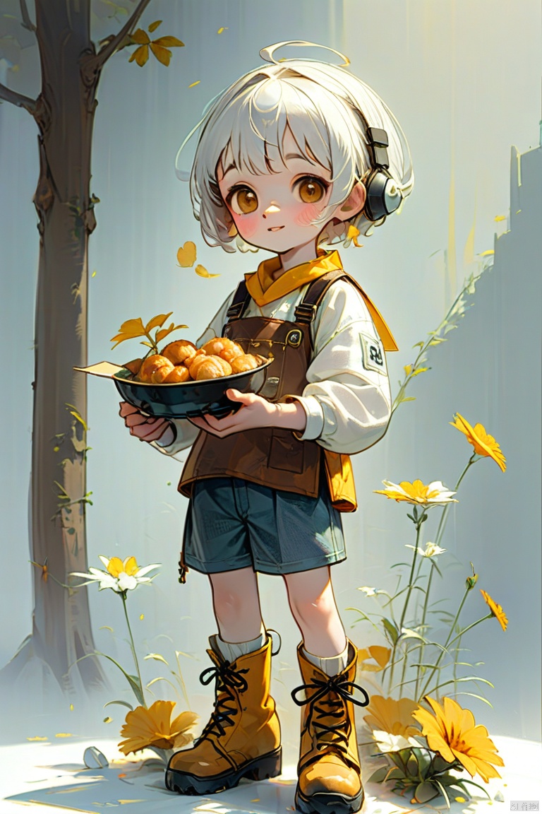 Felt effect, made of felt boy, solo, short hair, big eyes, white hair, boots, food, Mini, theme fantasy, atmosphere, mysterious yellow, HD, felt material, advanced filter
