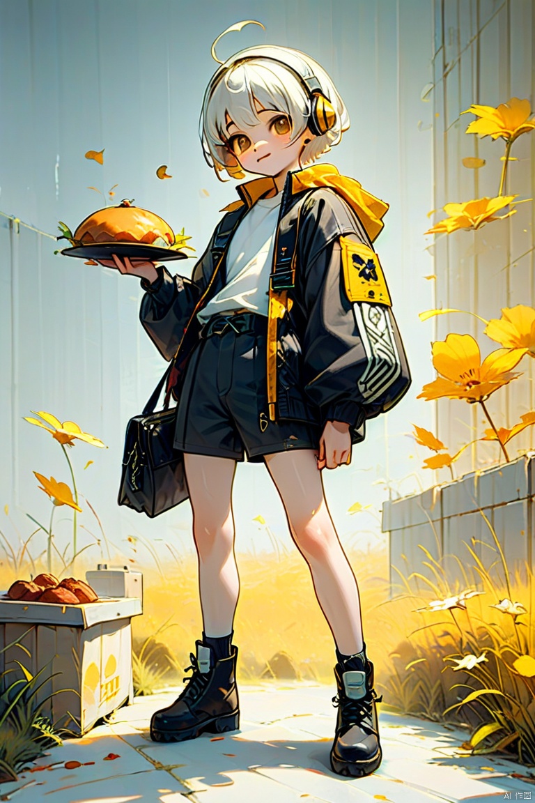 Felt effect, made of felt boy, solo, short hair, big eyes, white hair, boots, food, Mini, theme fantasy, atmosphere, mysterious yellow, HD, felt material, advanced filter