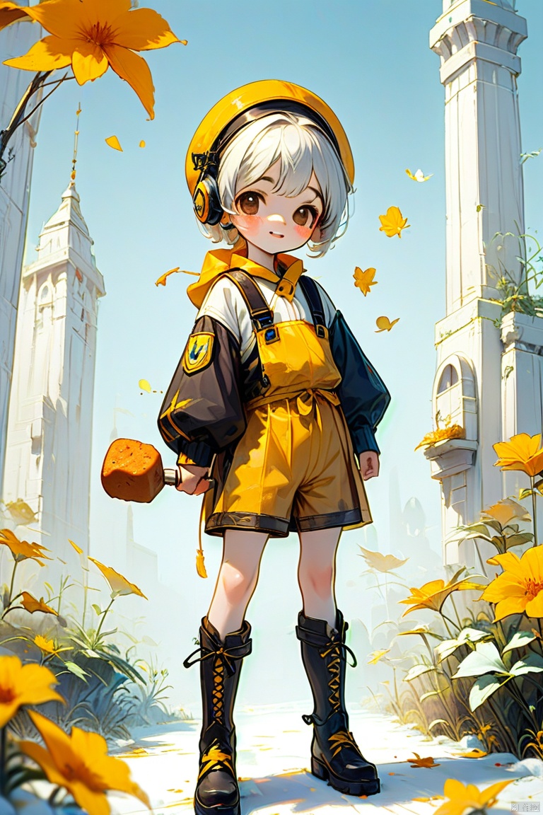 Felt effect, made of felt boy, solo, short hair, big eyes, white hair, boots, food, Mini, theme fantasy, atmosphere, mysterious yellow, HD, felt material, advanced filter
