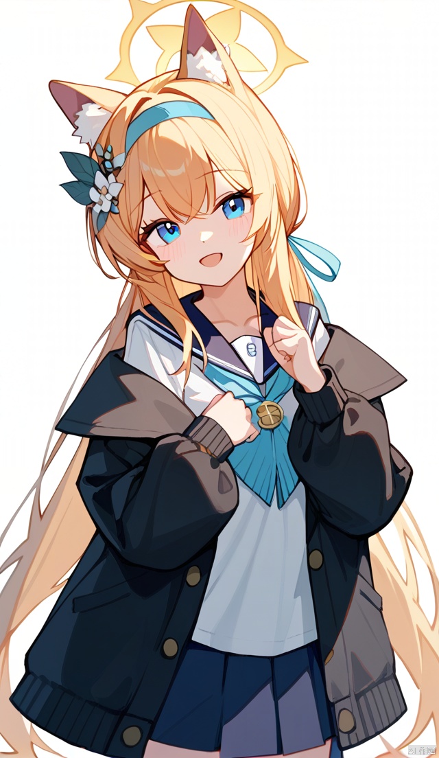   (score_9,score_8_up,score_7_up),1girl,(masterpiece:1.3),( beautiful:1.2),(high quality:1.2),(finely detailed:1.2),extremely detailed CG unity 8k wallpaper,best quality,a very delicate and beautiful,perfect fingers,(one cute girl at the center:1.2),1girl, solo, long hair, looking at viewer, blush, smile, open mouth, bangs, blue eyes, skirt, blonde hair, simple background, shirt, hair ornament, long sleeves, white background, animal ears, school uniform, jacket, white shirt, flower, pleated skirt, hairband, open clothes, serafuku, hair flower, sailor collar, off shoulder, orange hair, blue skirt, black jacket, neckerchief, animal ear fluff, halo, mari \(blue archive\),mariBA