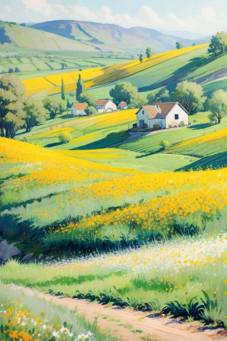 The undulating hills and blooming fields of marigold capture the tranquil beauty of the countryside, with a delightful watercolor style and 8k high-definition detail quality
