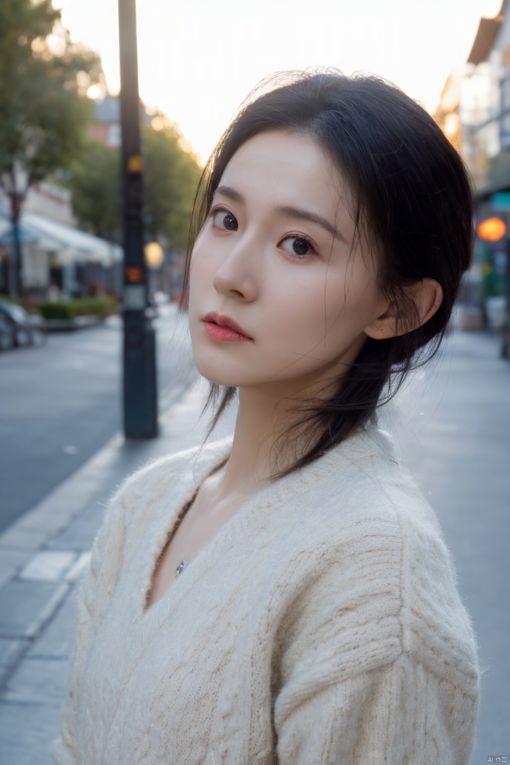  (RAW photo, 4k, realistic, exquisitely detailed skin),masterpiece,best quality,unity 8k wallpaper,ultra detailed,cinematic look,natural skin texture,extremely realistic skin texture,finely detailed face,(film grain:1.2),cinematic angle,Fujifilm XT3,,(highlydetailed),(sunshine scene),(street corner),(1girl,特写,上半身),(detailed lighting),(contrast),(mysterious atmosphere),,vivid illumination,,masterful technique,,harmonious composition,,immersive atmosphere,,stunning visuals,