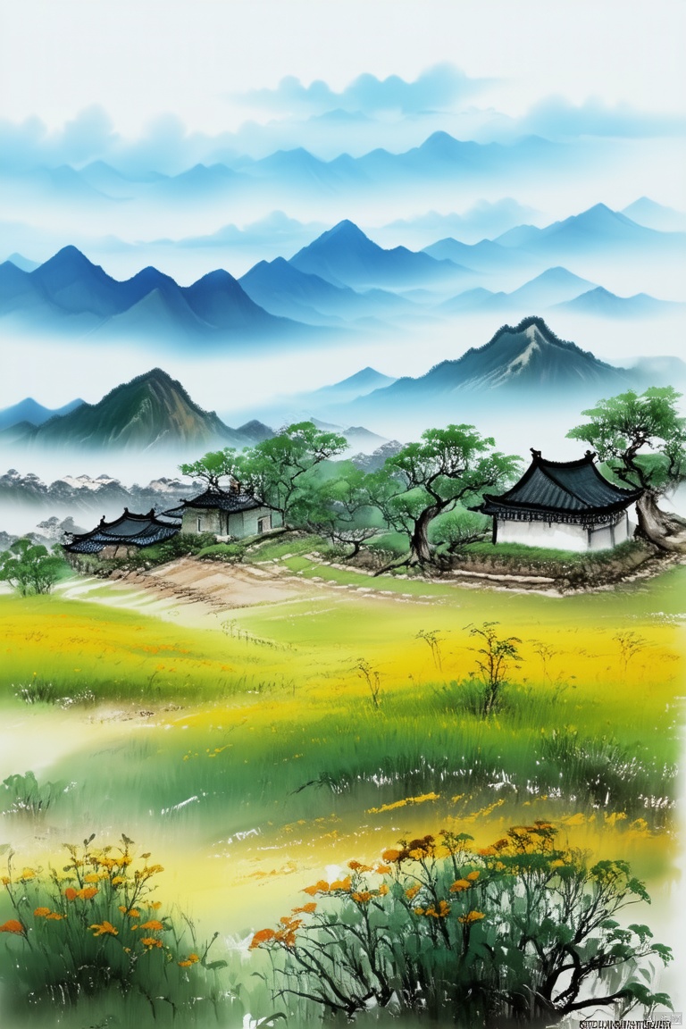 Outdoor, sky, clouds, trees, blue sky, no people, grassland, scenery, mountains, roads, fields, houses, peaceful rural scenery, hand painting, Chinese ink painting