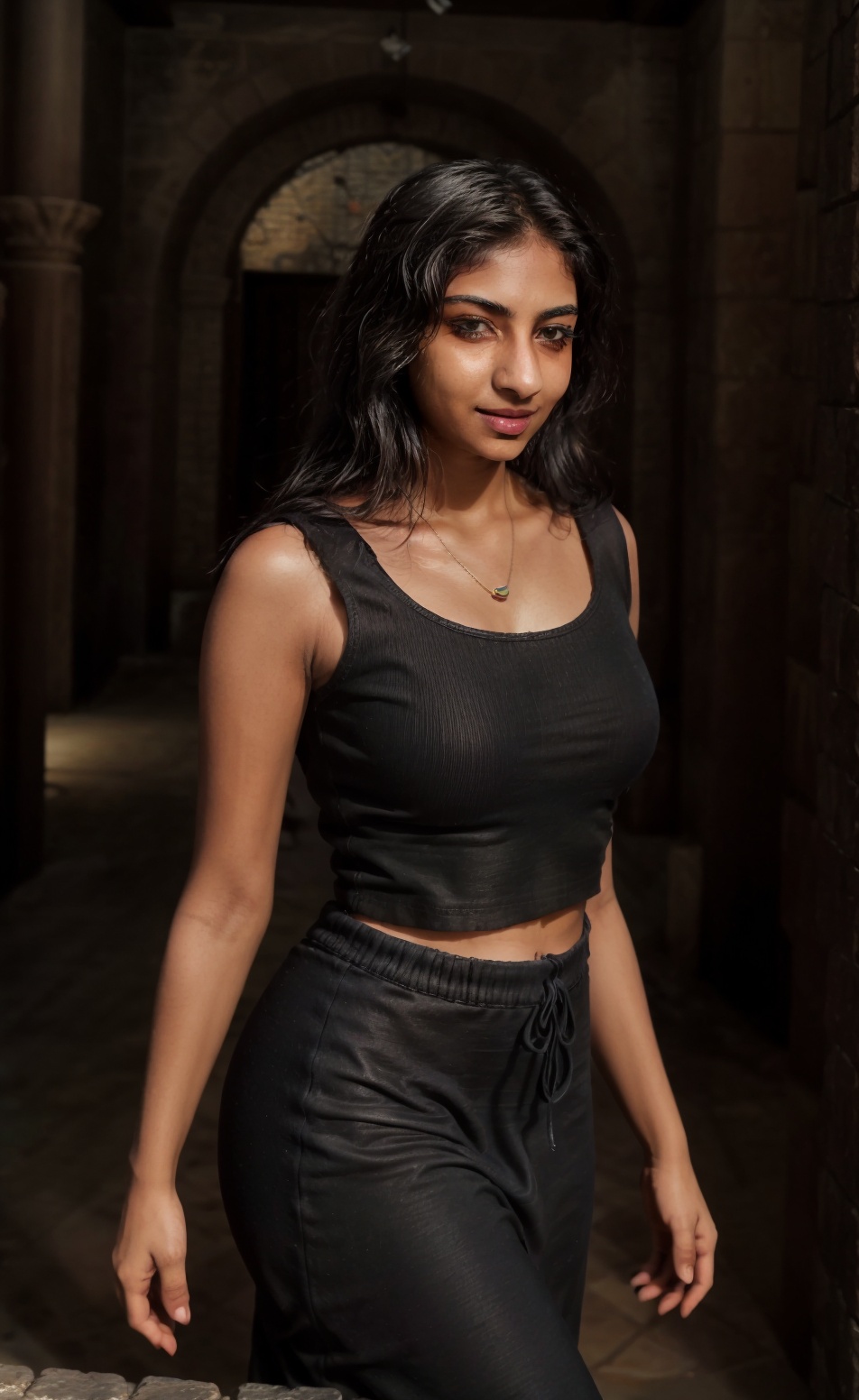 In a ancient pyramid Egypt,  A mysterious figure emerges from the shadows. A 28-year-old woman with brown skin and long bl...