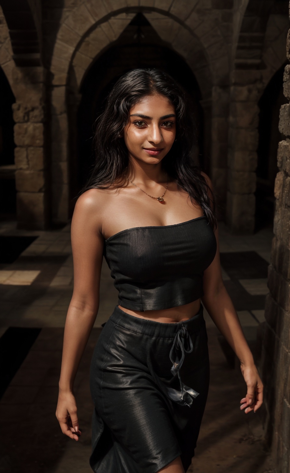 In a ancient pyramid Egypt,  A mysterious figure emerges from the shadows. A 28-year-old woman with brown skin and long bl...