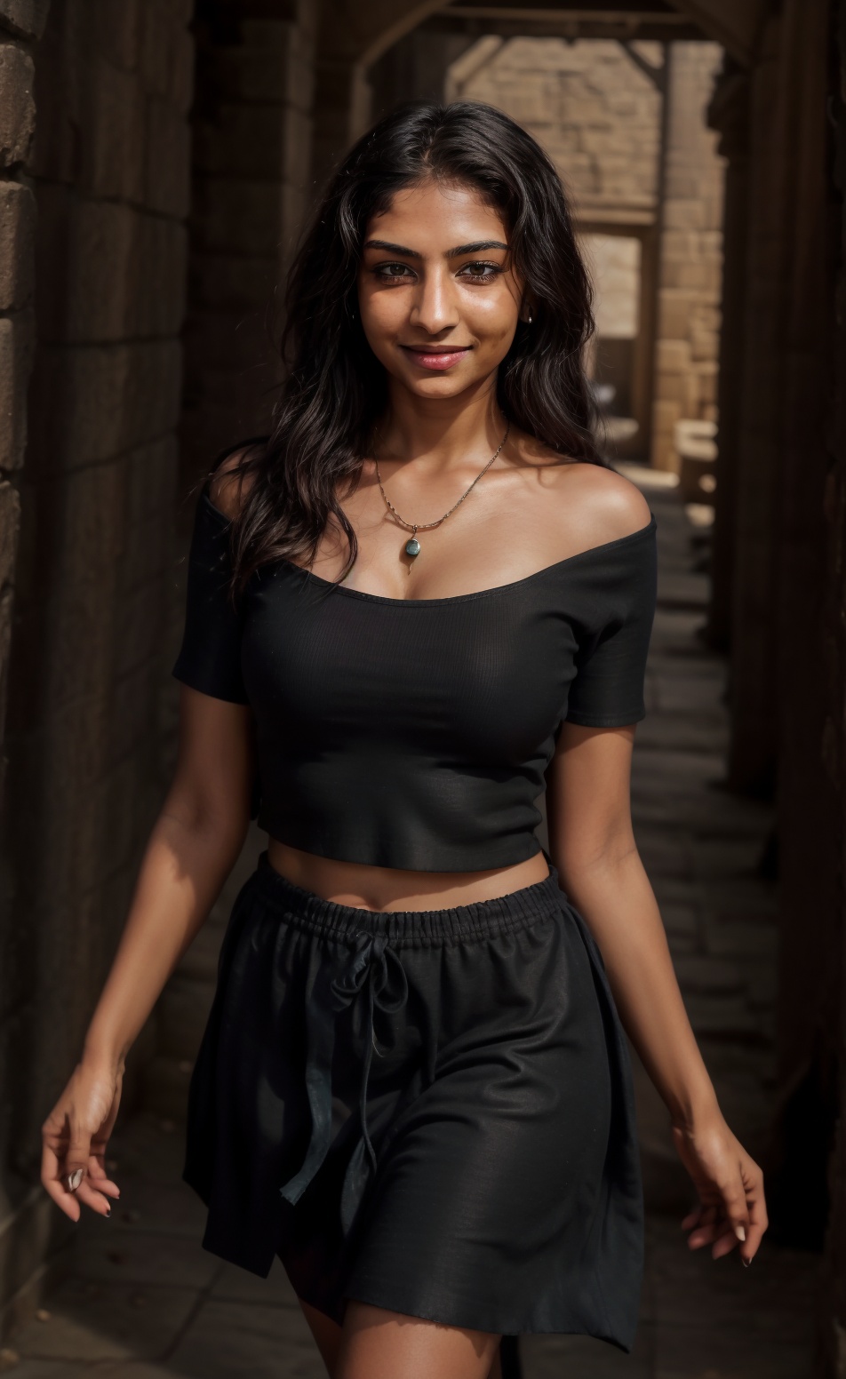 In a ancient pyramid Egypt,  A mysterious figure emerges from the shadows. A 28-year-old woman with brown skin and long bl...