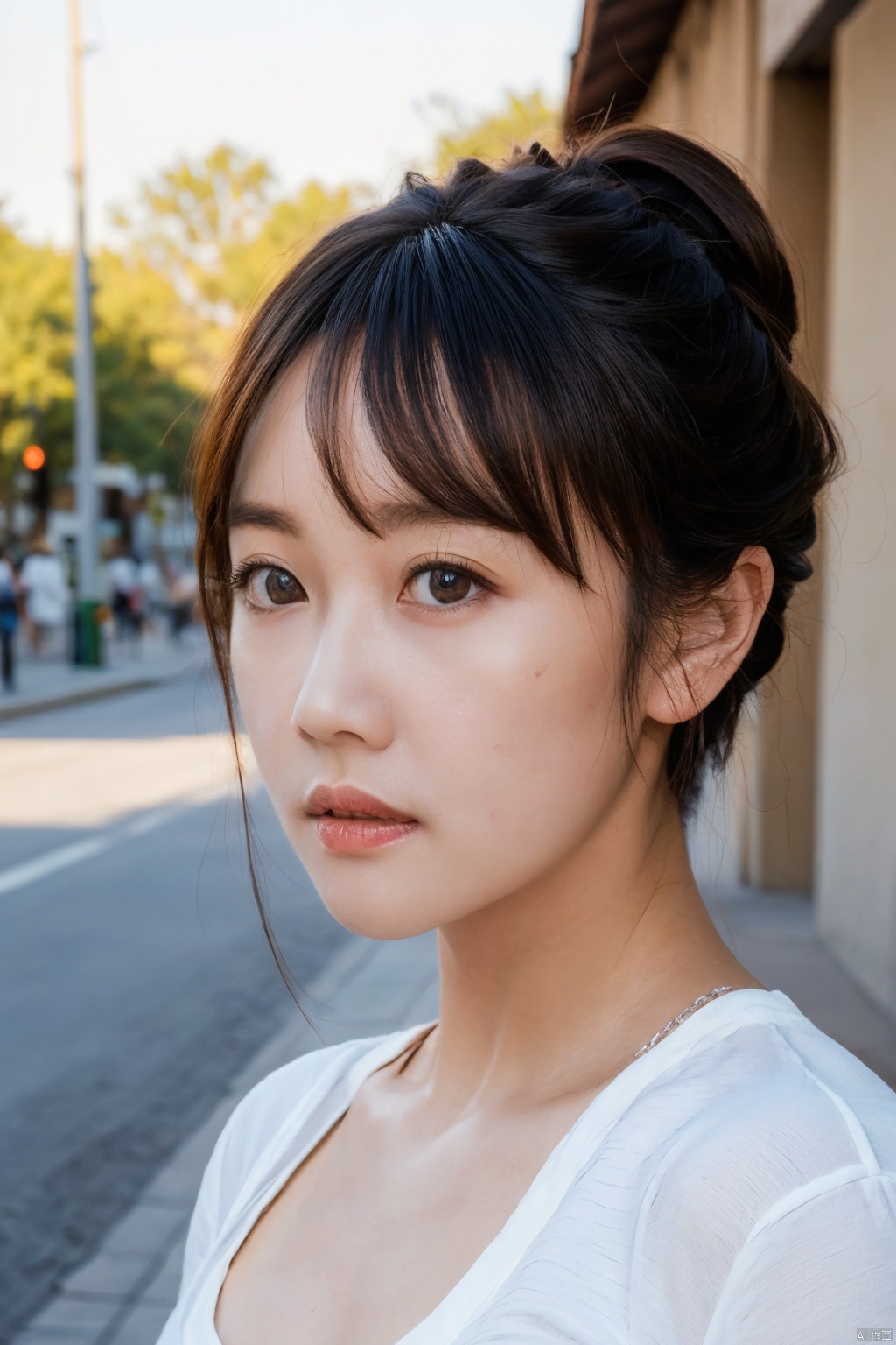  (RAW photo, 4k, realistic, exquisitely detailed skin),masterpiece,best quality,unity 8k wallpaper,ultra detailed,cinematic look,natural skin texture,extremely realistic skin texture,finely detailed face,(film grain:1.2),cinematic angle,Fujifilm XT3,,(highlydetailed),(sunshine scene),(street corner),(1girl,特写,上半身),(detailed lighting),(contrast),(mysterious atmosphere),,vivid illumination,,masterful technique,,harmonious composition,,immersive atmosphere,,stunning visuals,