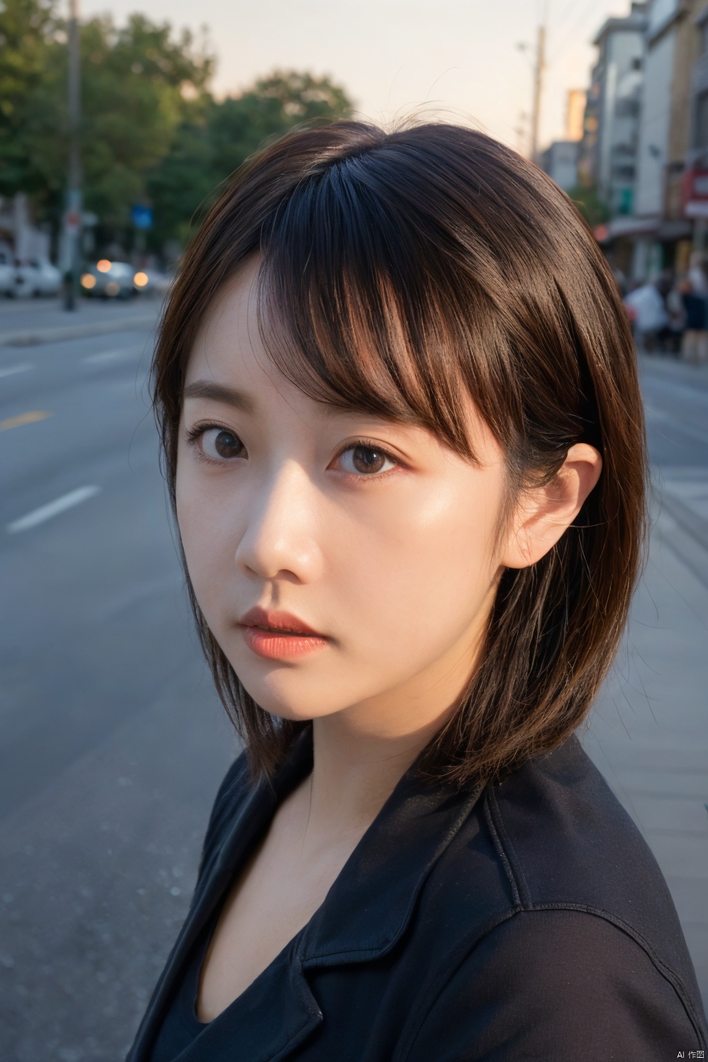  (RAW photo, 4k, realistic, exquisitely detailed skin),masterpiece,best quality,unity 8k wallpaper,ultra detailed,cinematic look,natural skin texture,extremely realistic skin texture,finely detailed face,(film grain:1.2),cinematic angle,Fujifilm XT3,,(highlydetailed),(sunshine scene),(street corner),(1girl,特写,上半身),(detailed lighting),(contrast),(mysterious atmosphere),,vivid illumination,,masterful technique,,harmonious composition,,immersive atmosphere,,stunning visuals,