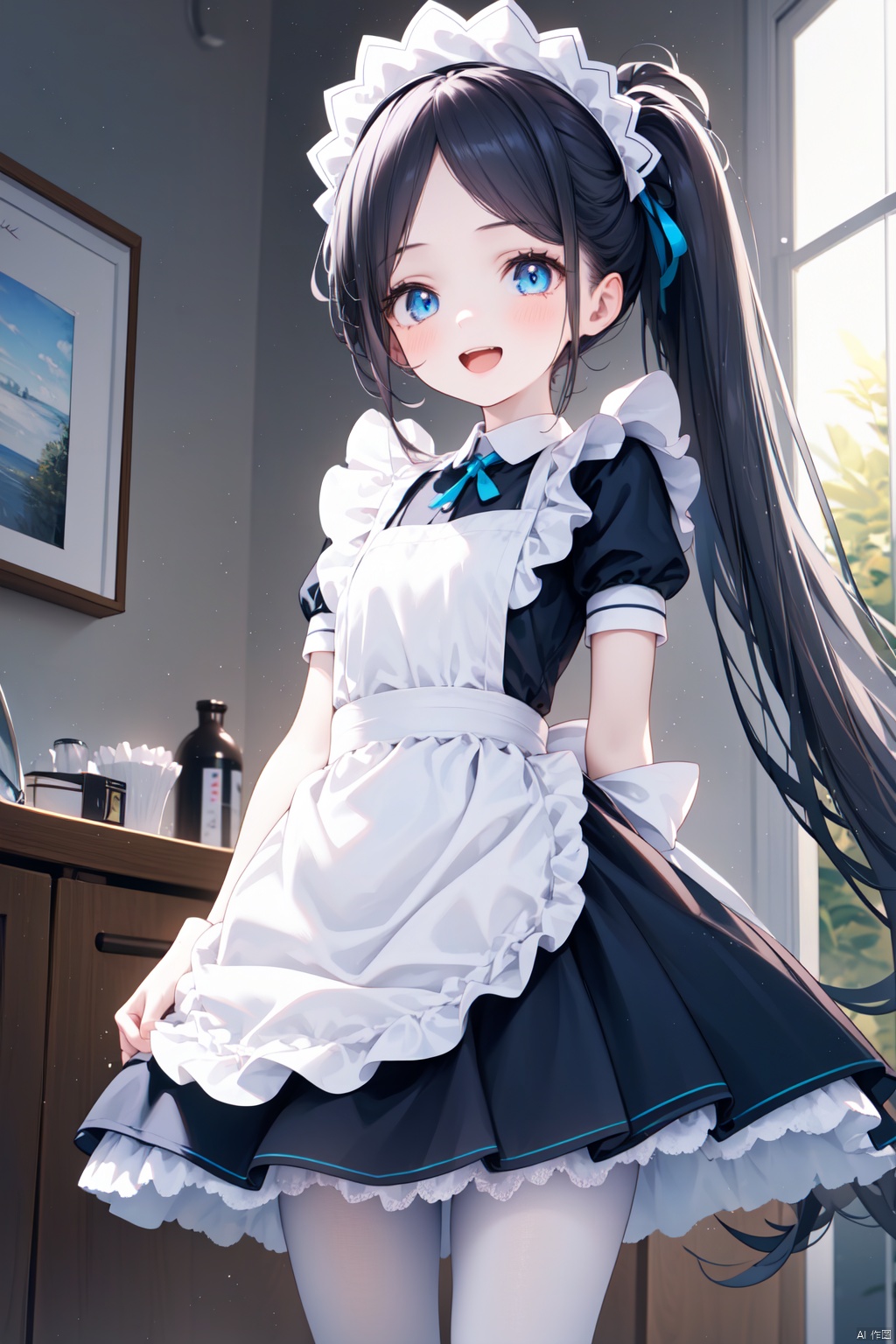 nai3, 1girl,solo,(masterpiece:1.3),( beautiful:1.2),(high quality:1.2),(finely detailed:1.2),extremely detailed CG unity 8k wallpaper,best quality,a very delicate and beautiful,perfect fingers,(one cute girl at the center:1.2), 
1girl, solo, long hair, looking at viewer, blush, smile, open mouth, bangs, blue eyes, black hair, dress, bow,  very long hair, standing, ponytail, short sleeves, :d, sidelocks, small breasts, frills, alternate costume, puffy sleeves, indoors, apron, black dress, white pantyhose, puffy short sleeves,  side swept bangs, maid, maid headdress, window,  green halo, sunlight, frilled dress, white apron, maid apron,  frilled apron, enmaided, aris \(blue archive\),aliceMaid,aliceBA,