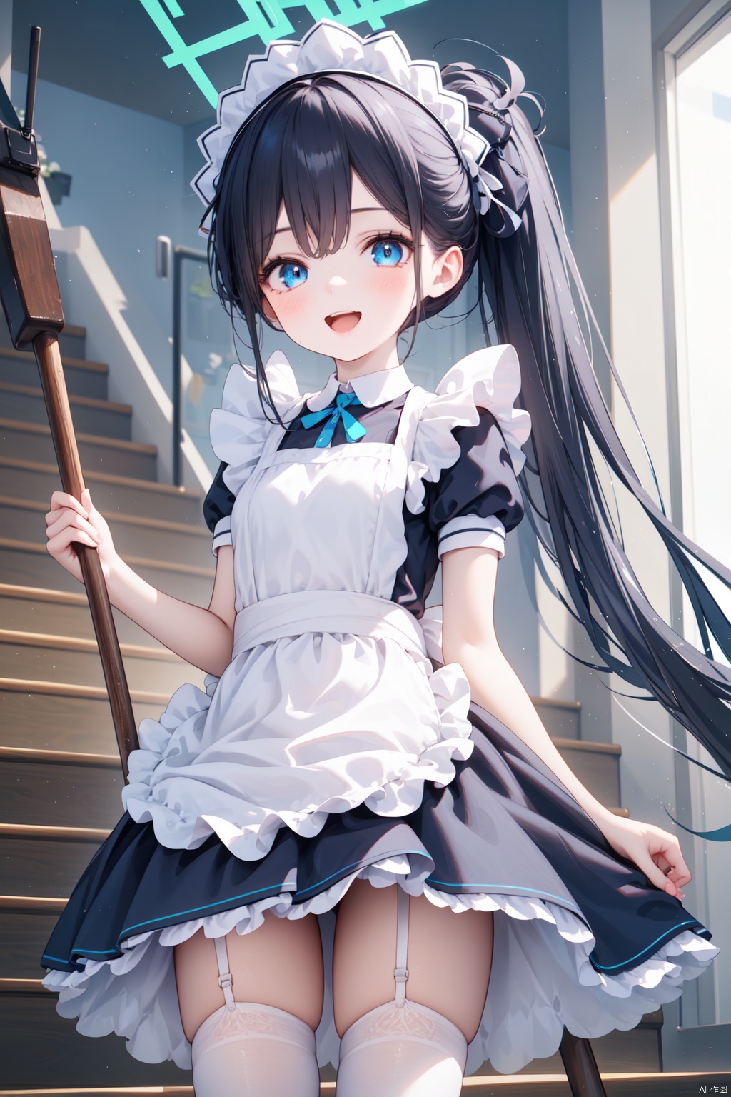 nai3, 1girl,solo,(masterpiece:1.3),( beautiful:1.2),(high quality:1.2),(finely detailed:1.2),extremely detailed CG unity 8k wallpaper,best quality,a very delicate and beautiful,perfect fingers,(one cute girl at the center:1.2), indoors, 
1girl, solo, long hair, looking at viewer, blush, smile, open mouth, bangs, blue eyes, black hair, thighhighs, dress, bow, holding, very long hair, standing, ponytail, short sleeves, :d, sidelocks, small breasts, frills, alternate costume, puffy sleeves, indoors, apron, black dress, white thighhighs, puffy short sleeves, parted bangs, maid, maid headdress, window, garter straps, halo, sunlight, frilled dress, white apron, maid apron, broom, frilled apron, stairs, enmaided, aris \(blue archive\),aliceMaid,aliceBA,