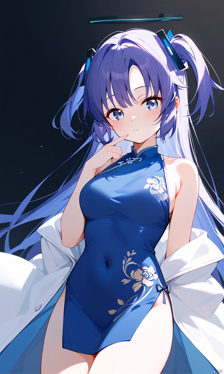   (score_9,score_8_up,score_7_up),1girl,(masterpiece:1.3),( beautiful:1.2),(high quality:1.2),(finely detailed:1.2),extremely detailed CG unity 8k wallpaper,best quality,a very delicate and beautiful,perfect fingers,(one cute girl at the center:1.2),

1girl, solo, long hair,  looking at viewer, blush, bangs, blue eyes, medium breasts, white background, dress, bare shoulders, closed mouth, blue hair, purple hair, white dress, two side up, covered navel, halo, chinese clothes, floral print,  china dress, yuuka \(blue archive\),yuukaBA
