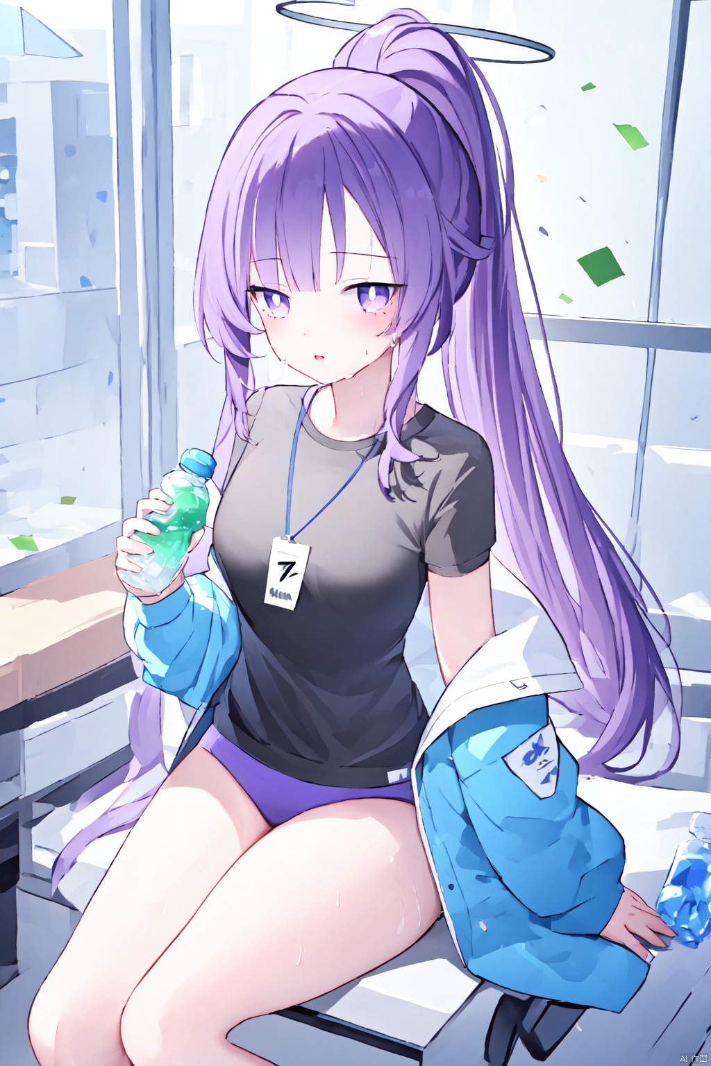   (score_9,score_8_up,score_7_up),1girl,(masterpiece:1.3),( beautiful:1.2),(high quality:1.2),(finely detailed:1.2),extremely detailed CG unity 8k wallpaper,best quality,a very delicate and beautiful,perfect fingers,(one cute girl at the center:1.2),
1girl, solo, long hair, breasts, looking at viewer, blush, bangs, shirt, holding, medium breasts, sitting, purple eyes, jacket, ponytail, purple hair, short sleeves, thighs, sweat, off shoulder, open jacket, official alternate costume, black shirt, halo, chair, bottle, blue jacket, gym uniform, track jacket, buruma, bench, confetti, holding bottle, id card, water bottle, lanyard, sticker on face, yuuka \(blue archive\)