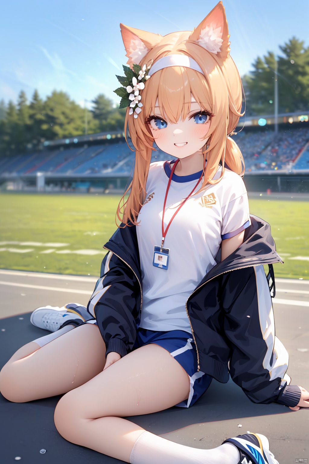  nai3, 11girl,solo,(masterpiece:1.3),( beautiful:1.2),(high quality:1.2),(finely detailed:1.2),extremely detailed CG unity 8k wallpaper,best quality,a very delicate and beautiful,perfect fingers,(one cute girl at the center:1.2),1girl, solo, long hair, looking at viewer, blush, smile, bangs, blue eyes, blonde hair, shirt, hair ornament, animal ears, hair between eyes, sitting, jacket, white shirt, ponytail, flower, thighs, hairband, outdoors, open clothes, shoes, shorts, socks, hair flower, off shoulder, black footwear, orange hair, grin, blurry, open jacket, official alternate costume, black jacket, animal ear fluff, kneehighs, blurry background, halo, white flower, white socks, sneakers, between legs, gym uniform, knee up, track jacket, hand between legs, white hairband, id card, multicolored jacket, two-tone jacket, mari \(blue archive\),mariBA,mariGym