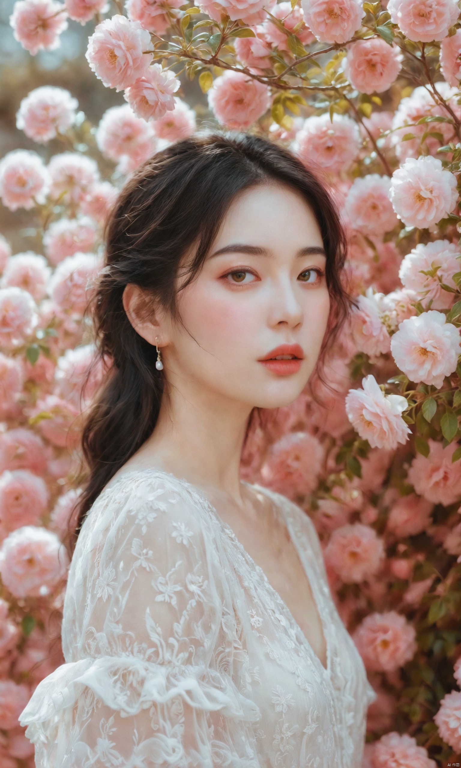 Analog Style, Eye focus, Highest quality, (Very detailed skin), Exquisitely beautiful white skin photos, 21 years old, Perfect Face, Captivating eyes, (Seductive makeup: 1.3), Skin pores, (Bokeh:1.5), Sharp focus, Dappled Lighting, (Backlight), Film Grain, (Very detailed, Exquisitely crafted), 8K, High resolution, Front view, Studio Light, Very detailed顔, fine grain, (double eyelid: 1.4), Aristotle, Brown eyes, (commercial: 1.6), (Natural Makeup), ((White studio background: 2))、Summery white fashion、Black Hair、Long Hair

