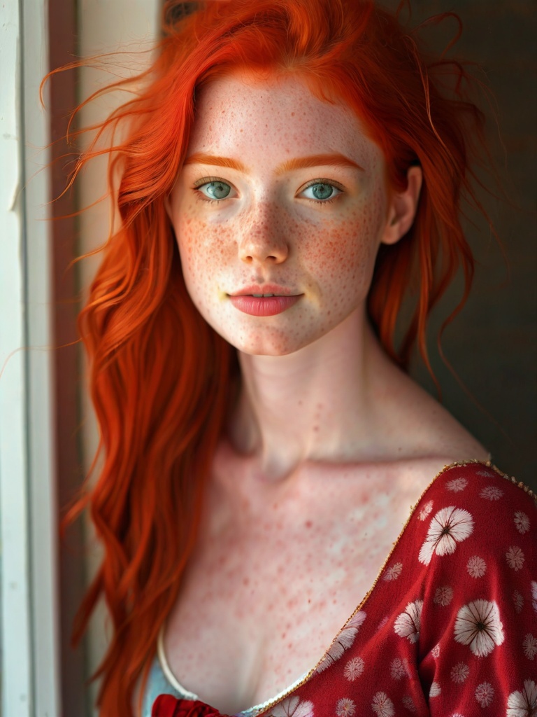Realistic candid photo, young red-haired girl, portrait of a redhead with freckles, beautiful female portrait, ****-aged girl, model, red-haired woman