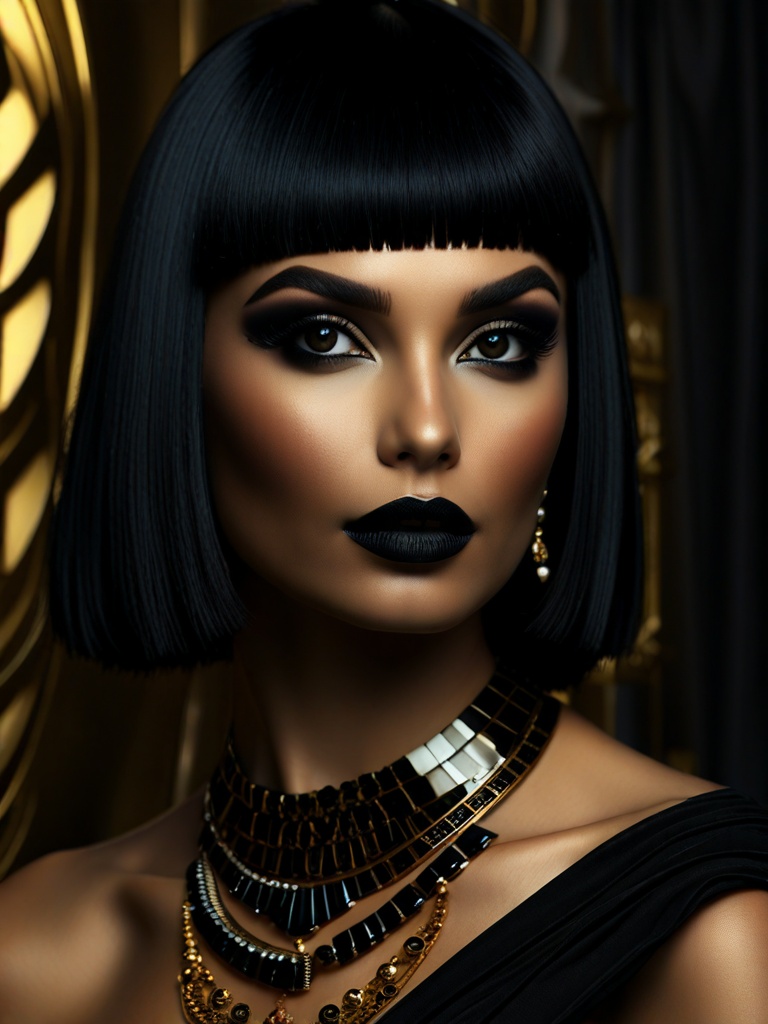 side profile pitcure of cleopatra, elaborate make up, straight-cut bob, elaborate black eyeliner, black hair, sumptous jewellery, cleavage, Perfect Composition, realistic photographic image, raw photo highest quality