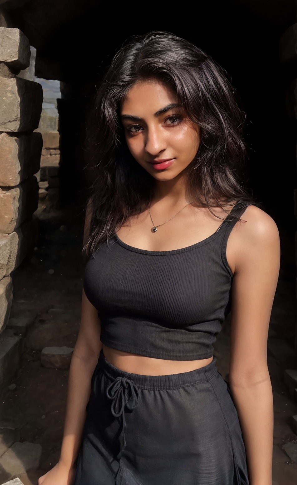 In a ancient pyramid Egypt,  A mysterious figure emerges from the shadows. A 28-year-old woman with brown skin and long bl...