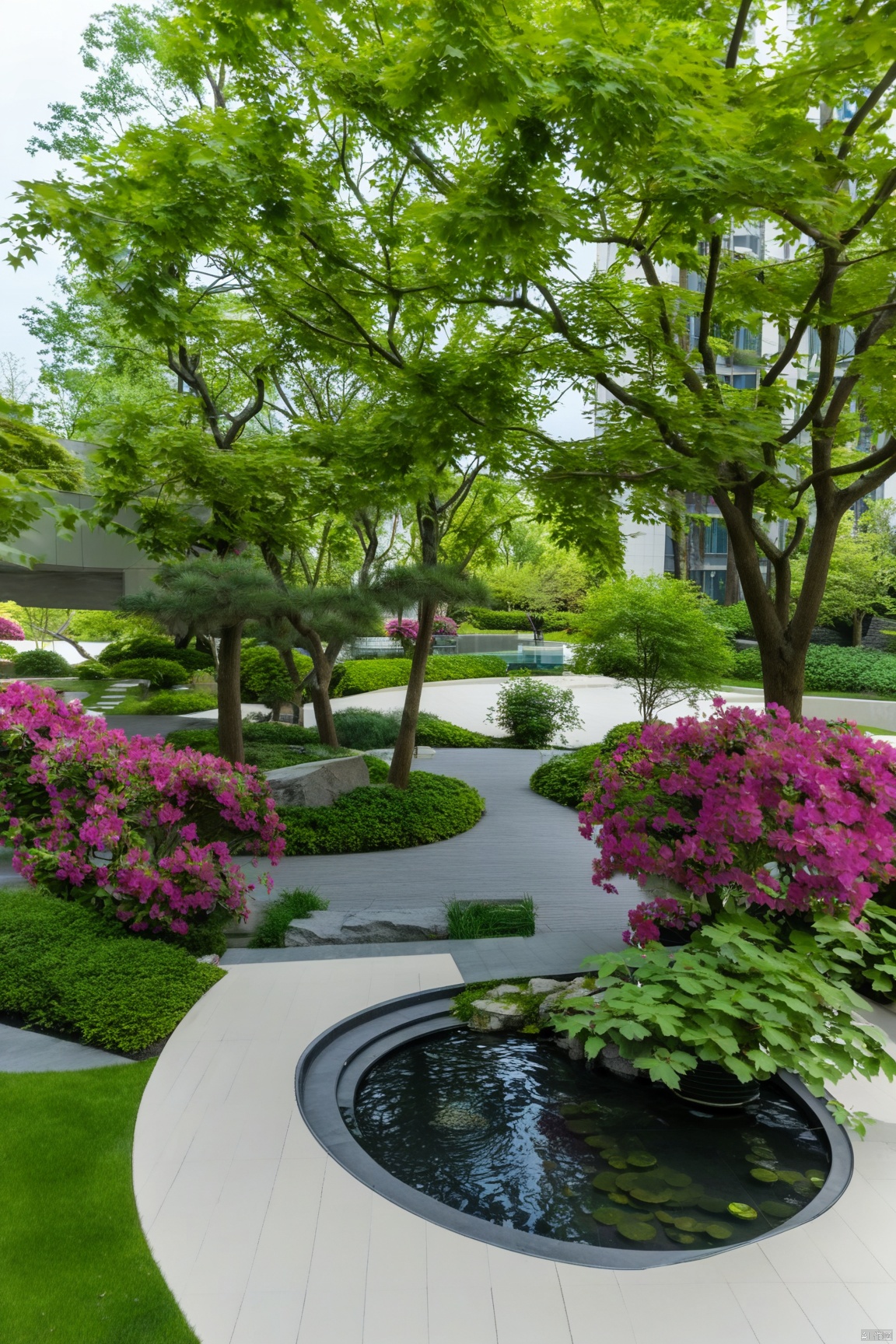 azalea,maple,beside the pool,modern landscape
