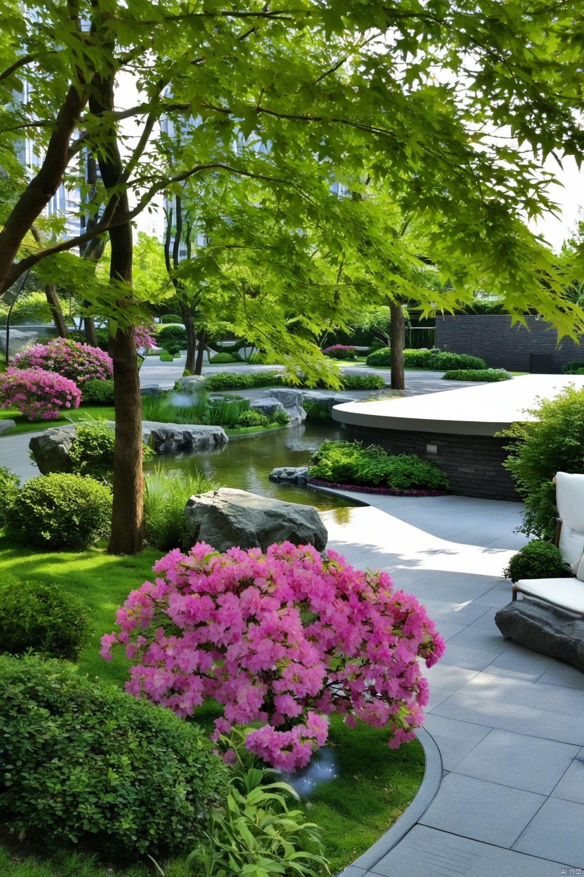 azalea,maple,beside the pool,modern landscape