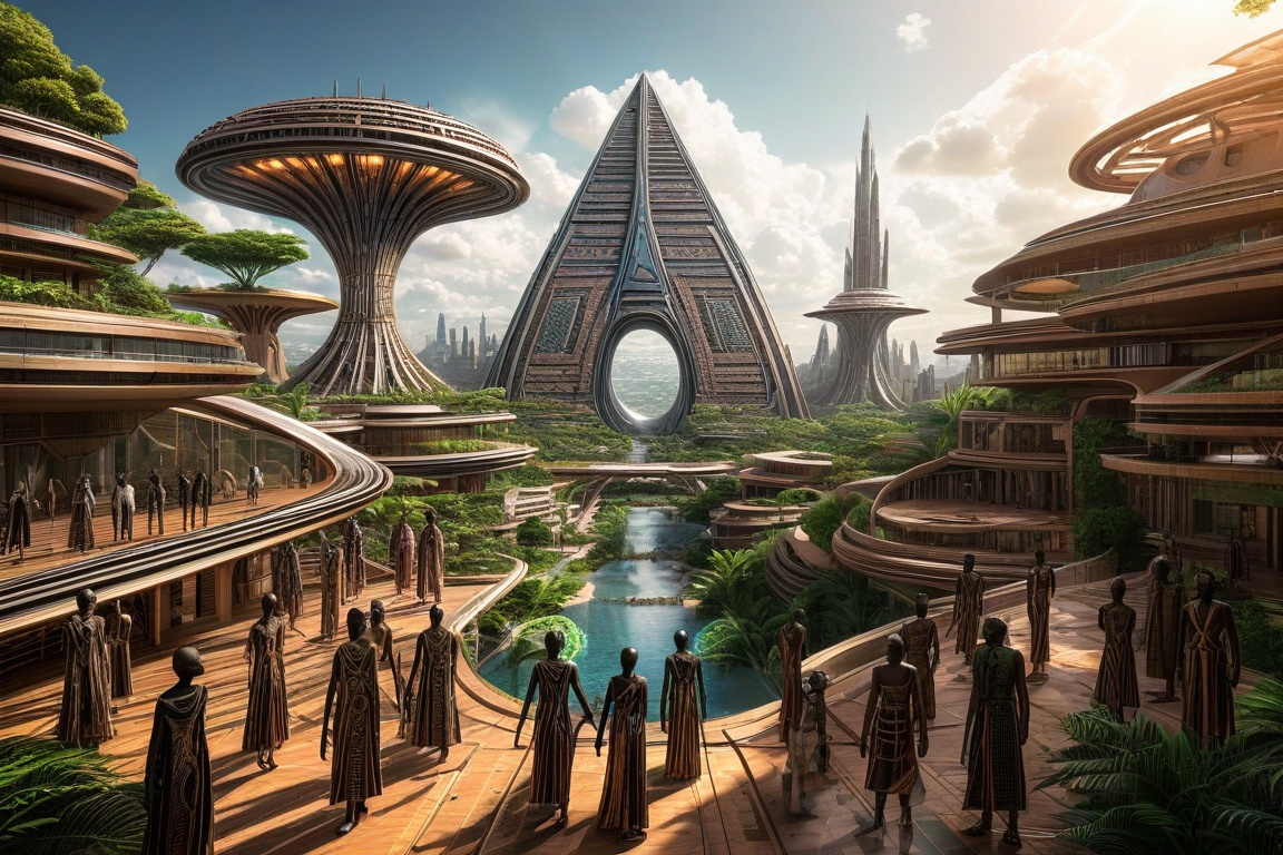 mage of a futuristic city with buildings designed based on traditional African architecture,  covered with high-tech lines...