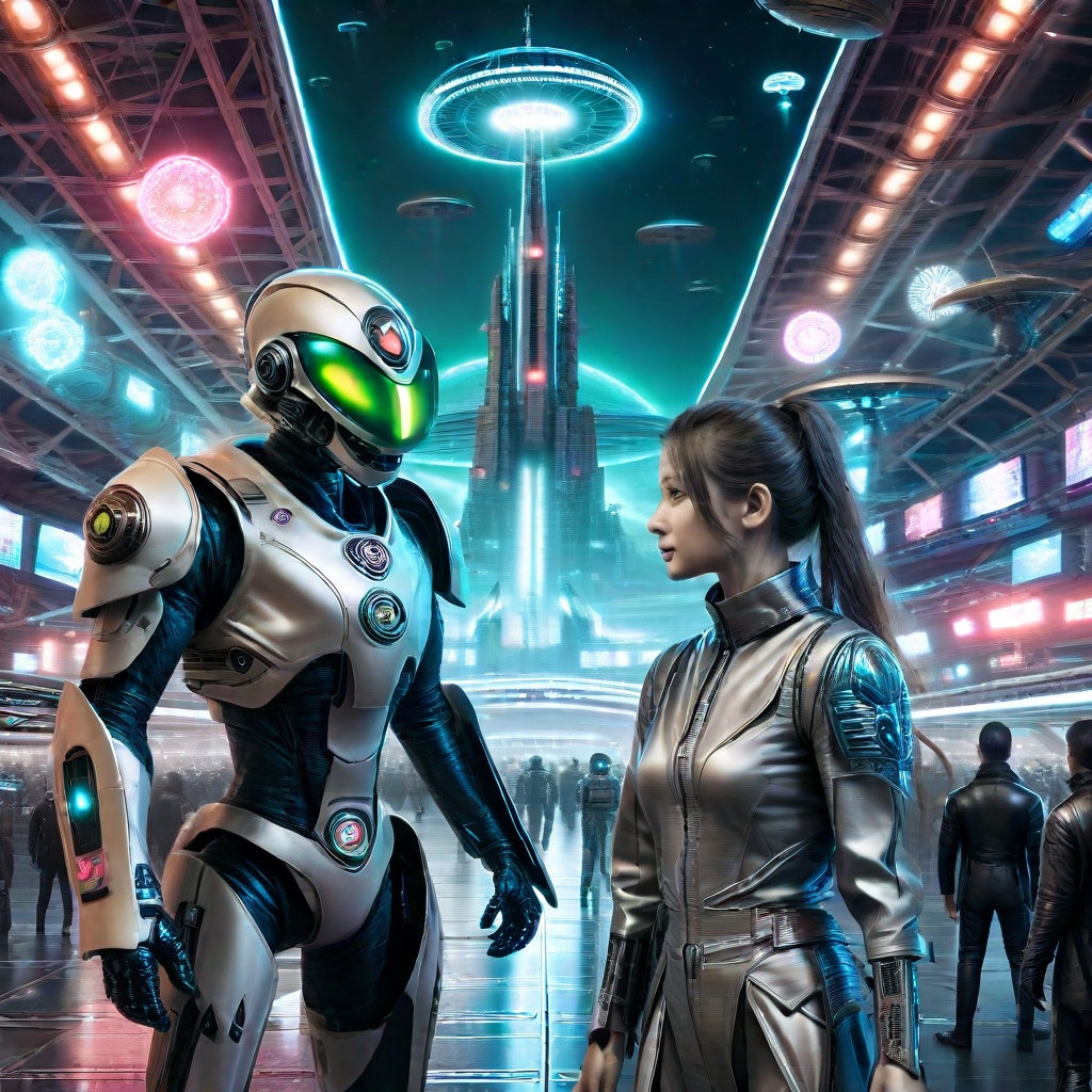 A thrilling sci-fi moment set in a bustling spaceport on a distant planet. The scene is alive with diverse alien species a...