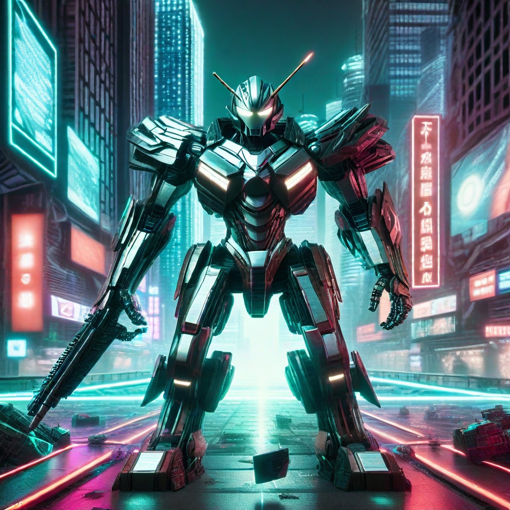 A dynamic scene of a robot warrior in mid-combat,  its metallic limbs gleaming under the neon lights of a futuristic city...