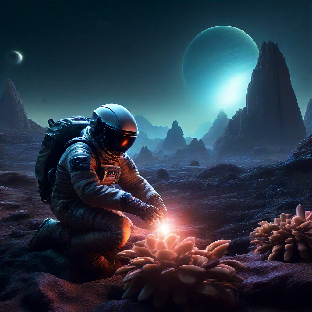 A tense sci-fi scene featuring a lone astronaut exploring an alien planet. The astronaut is equipped with a high-tech suit...