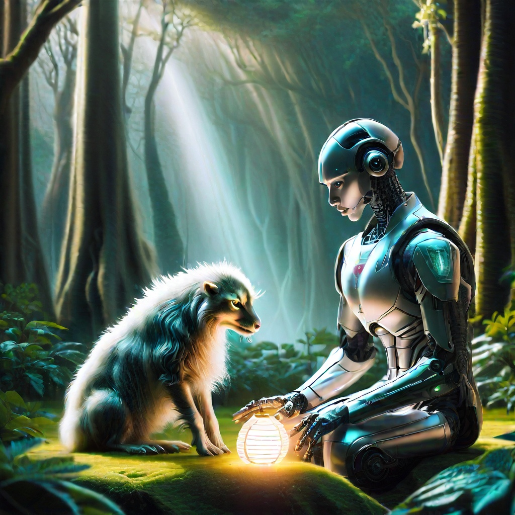 A poignant sci-fi tableau depicting a tender moment between a humanoid robot and a majestic,  otherworldly animal. The rob...