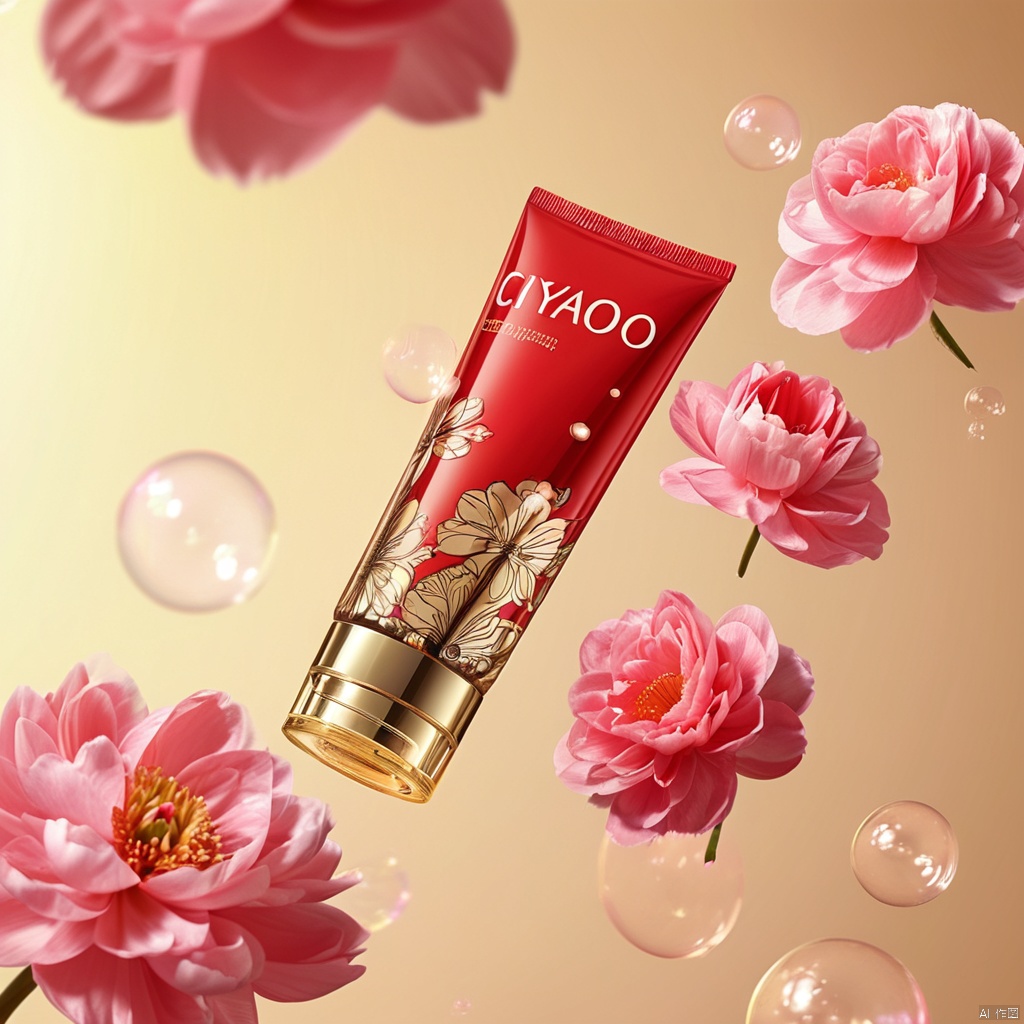 一款名为“CIYAOO”的化妆品产品,其包装为红色和金色的设计,上面有花卉图案。产品旁边漂浮着粉色花朵和气泡,背景是渐变色。