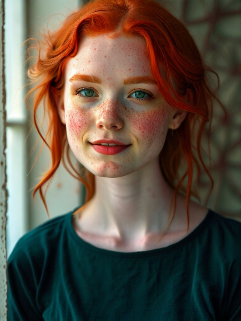 Realistic candid photo, young red-haired girl, portrait of a redhead with freckles, beautiful female portrait, ****-aged girl, model, red-haired woman