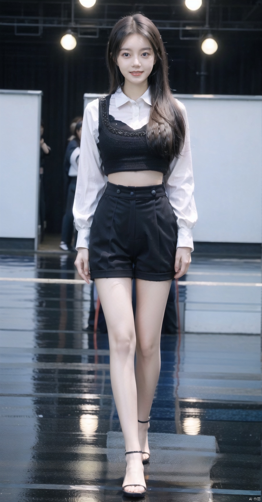 fashion show,solo_female,walking,full body photo,shirt,short pants,stand,smile,teeth,best quality,looking_at_viewer,hand on own stomach,Straight up the waist pole,ponytail,High saturation,bare legs