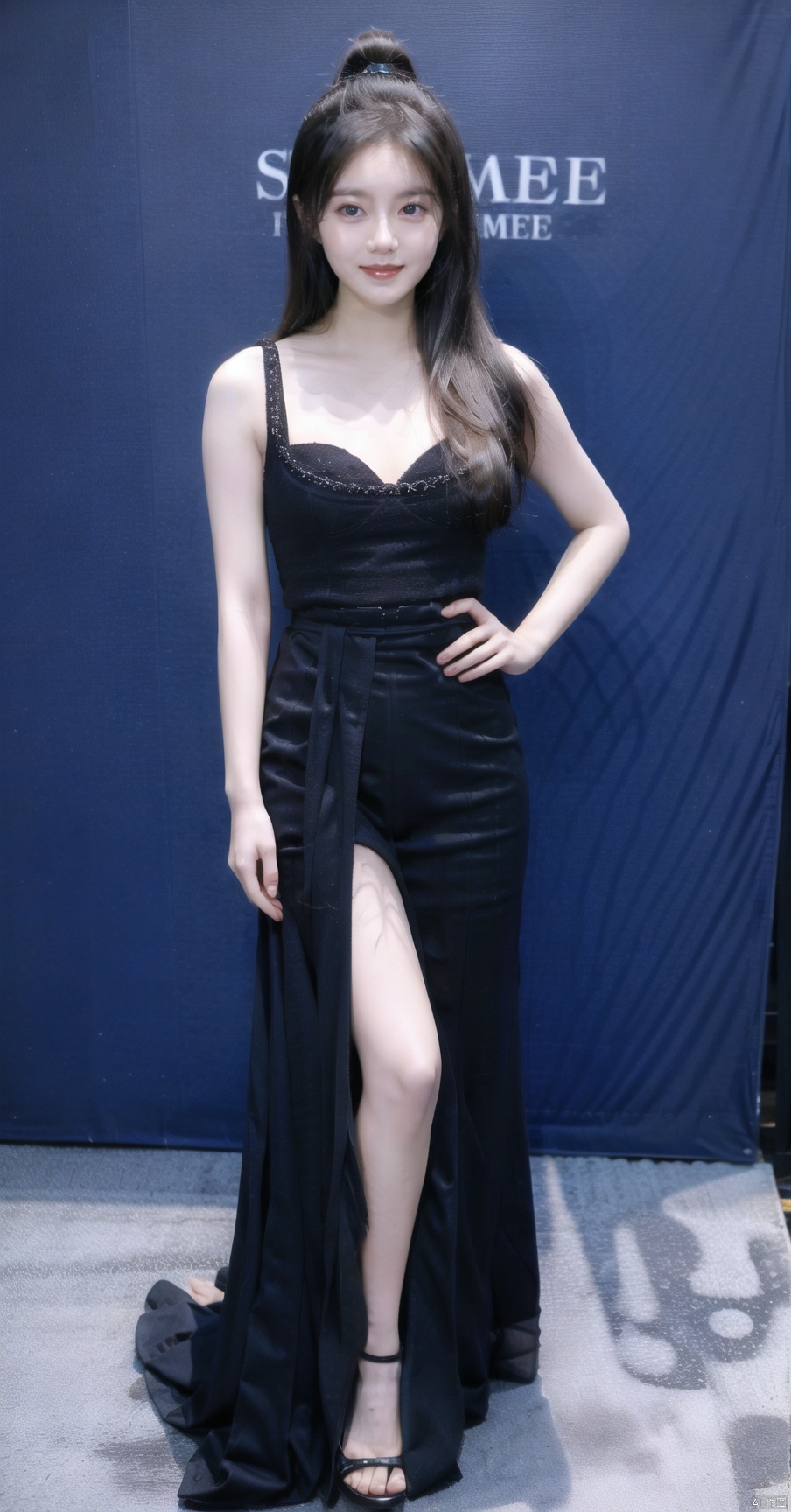 fashion show,solo_female,walking,full body photo,dress,stand,smile,teeth,best quality,looking_at_viewer,hand on own stomach,Straight up the waist pole,ponytail,High saturation,bare legs