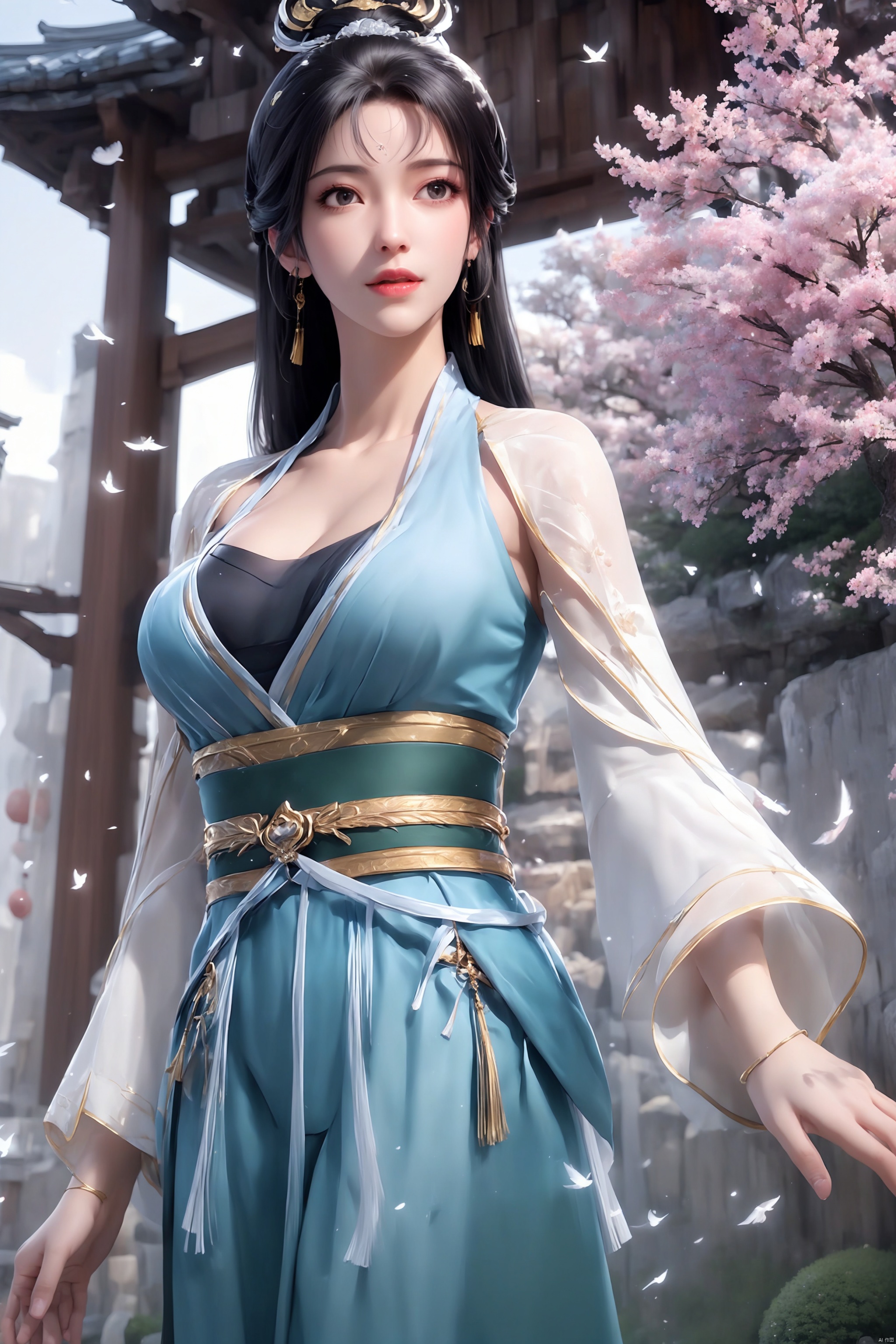 国漫风格, (upper body:1.4),dynamic poses, stunning colors, 3D rendering, masterpiece,high resolution,1girl,hanfu, Chinese Traditional cloth,ultra-detailed, (high detailed skin),glossy skin, female focus, chinese ink painting style,Wearing clothes with Chinese elements,(chinese style:1.2),extreme detailed,gufeng, gradient, fractal art, colorful, highest detailed hair,HDR,8kresolution,1girl,solo, chest pleated skirt, mature female, (wide hips), collarbone ,long hair,makeup,jewelry,eyeshadow, braid, looking at viewer, bangs, ,earrings,curtain,long sleeves, tassel, gold trim, (hair ribbon, headband, side braid) ,scenery,chinese architecture, trees, birds, sun,outdoors,depth of field,light particles, light rays, (floating hair, rock, bloom, bloom effect, random patterns, bold colors, dynamic texture, spontaneous creativity:1.2), athletic,complex artistic composition
