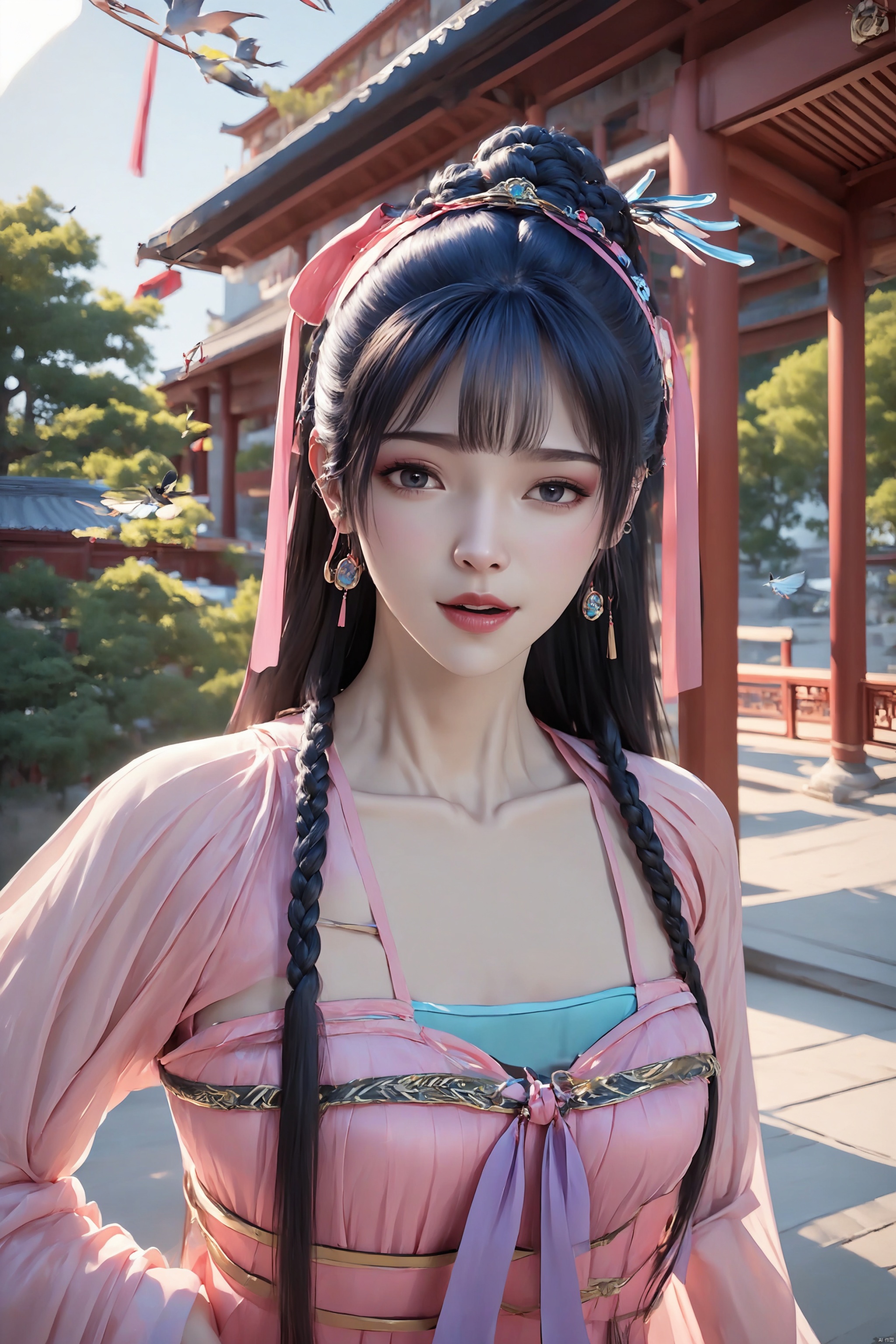 国漫风格, 动态姿势,惊艳色彩,3D 渲染杰作,高分辨率,1girl,（发带,头带,侧辫）,汉服,中国传统布料,超细节,（高细节皮肤）,光泽皮肤,女性焦点,模型,中国水墨画风格,穿着带有中国元素的衣服,（中国风格：1.2）,极其细节,古风,渐变,分形艺术,色彩鲜艳,最高细节的头发,HDR,8k分辨率,1girl,耳环,珠宝,独胸百褶裙,长发,化妆,珠宝,眼影,辫子,看着观众,刘海,胸帘,长袖,丝带,流苏,风景,中国建筑,树木,鸟类,太阳,户外,景深,